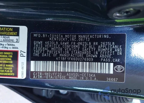 2013 Toyota Camry Se from USA, damaged, VIN 4T1BF1FK6DU276909